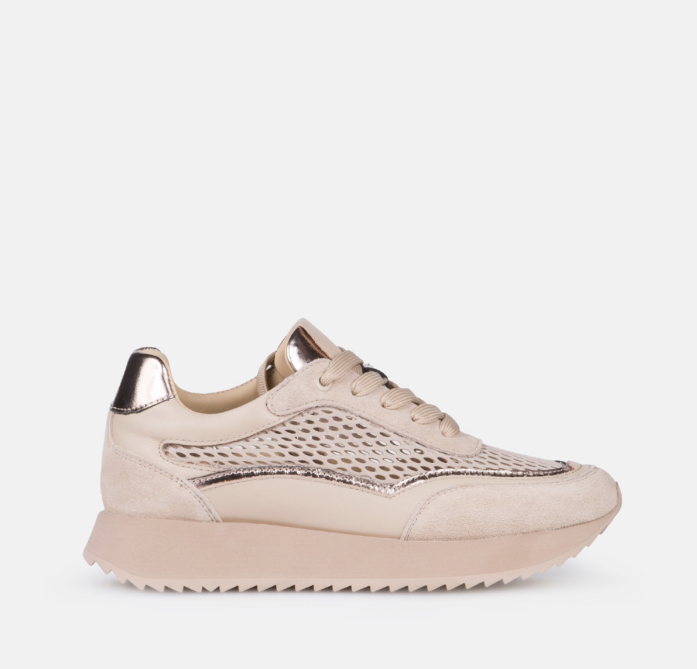 Denver beige leather sneakers for women with metallic heel and mesh panels