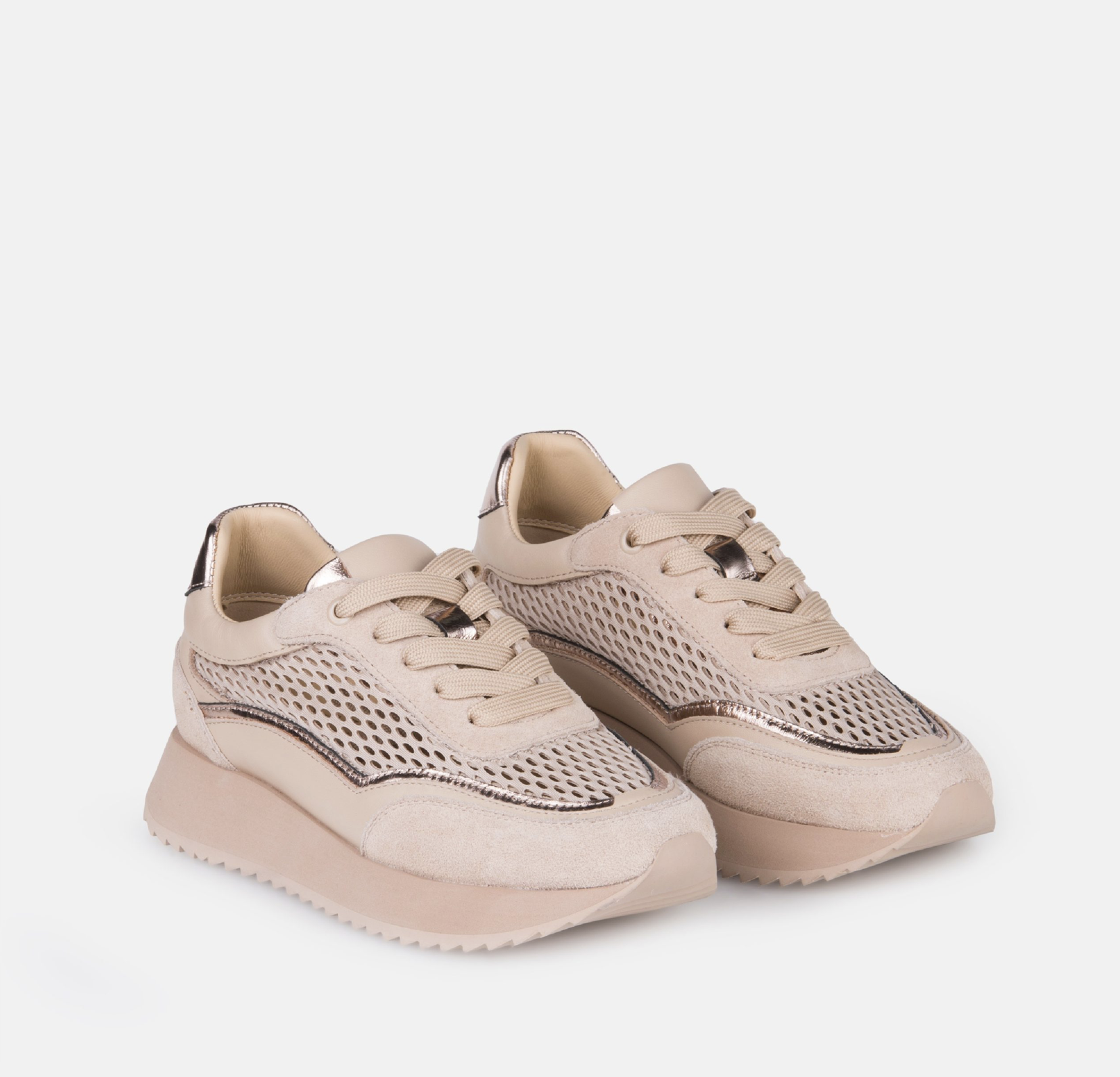 Side view of Denver beige leather sneakers featuring suede and breathable mesh