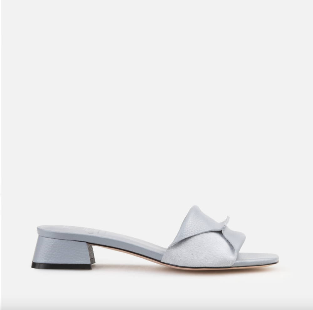 blue leather heeled mules