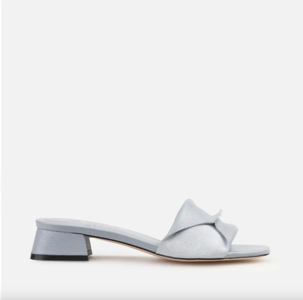 blue leather heeled mules