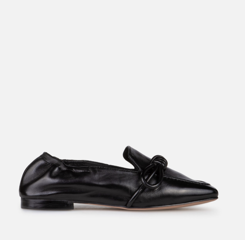 Carmelina black leather loafers for women with pointed toe and knotted detail